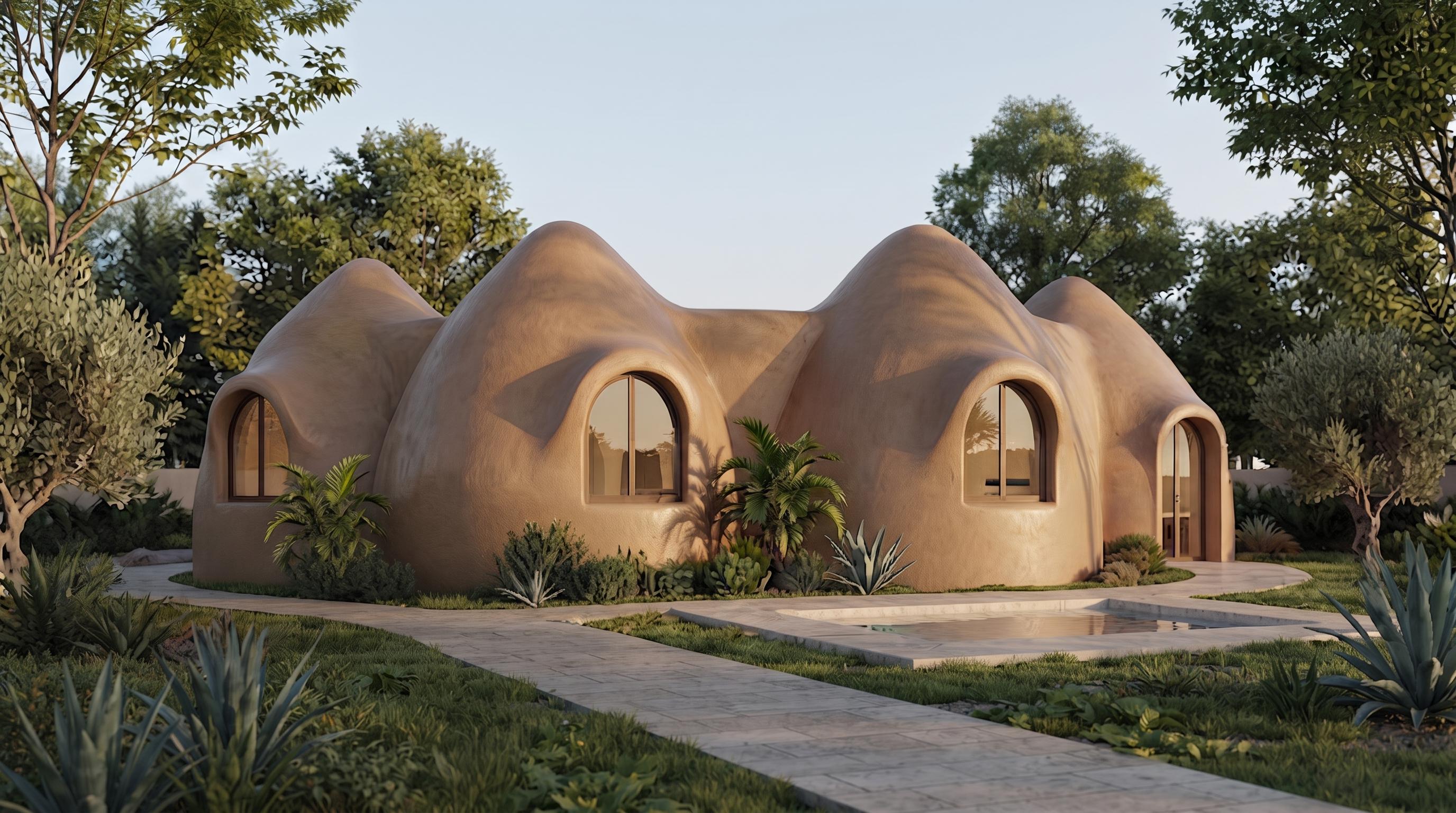 Ecological Superadobe domes surrounded by a Mediterranean garden at dusk
